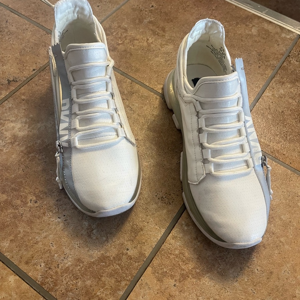 DKNY Women's White Slip-On Sneakers with Silver Logo Accent - Picture 2 of 3